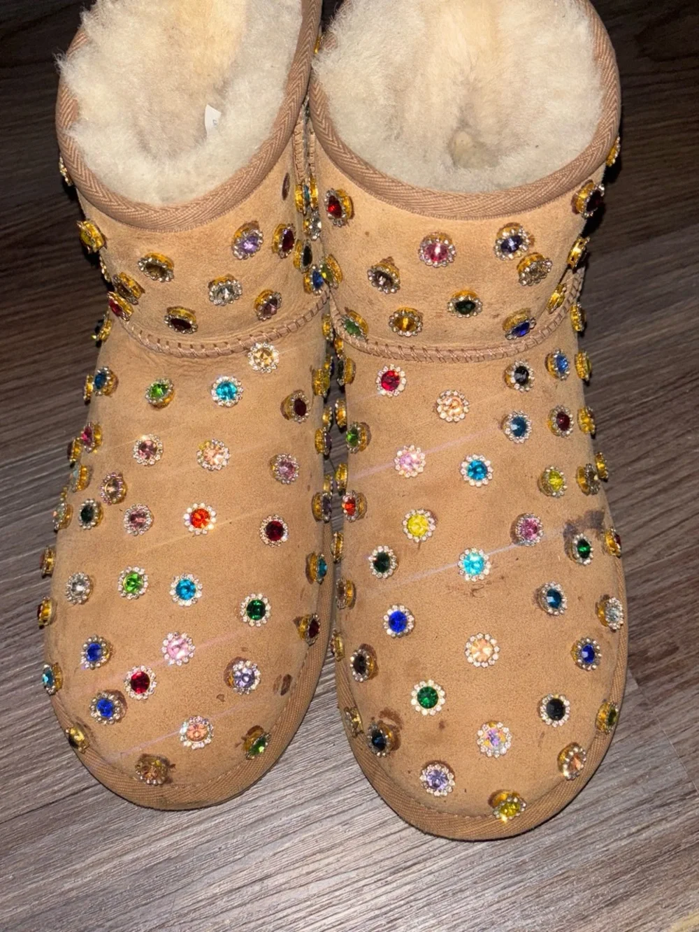 Personalized Embellished Tan Suede Uggs, Cozy Slip-On Boots with Multicolor Gems
